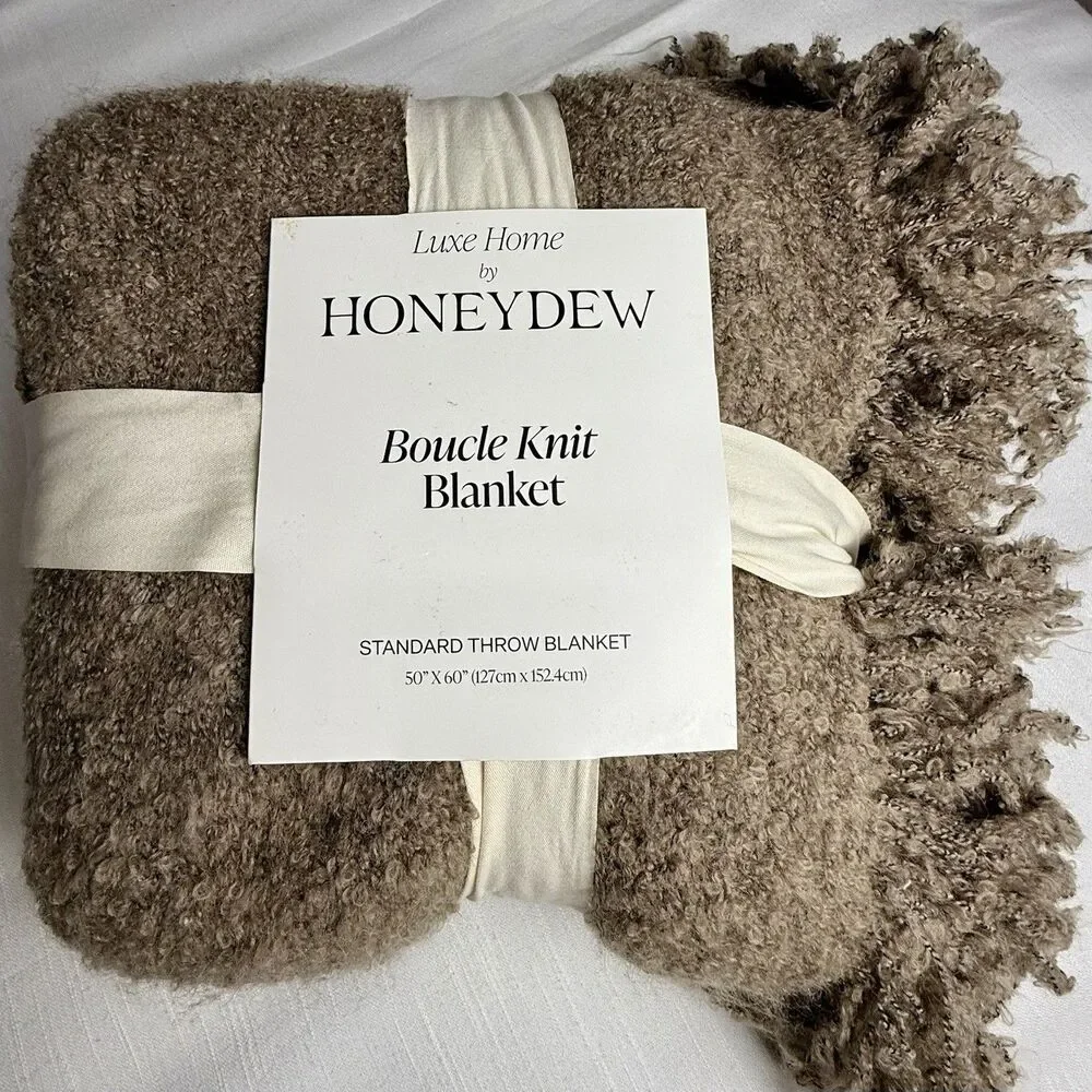 Luxe Home By Honeydew Boucle Knit Standard Throw Fringe Blanket Taupe 50”x60 New